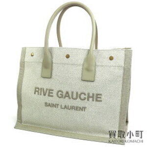 YSL RIVE GAUCHE Tote Bag Beige Tan Calf Leather Embroidered Logo